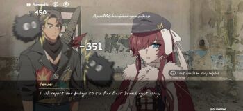 1boy 1girl black_hair black_hat black_jacket black_neckerchief black_vest blue_eyes burn_scar cape carbuncle_(reverse:1999) creature damage_numbers dialogue_box english_text fake_screenshot fur-trimmed_cape fur_trim gameplay_mechanics hair_over_one_eye hand_up hat hnt_(1177tr1999) indoors j_(reverse:1999) jacket long_hair motion_blur neckerchief newsboy_cap parted_lips red_cape red_hair reverse:1999 scar scar_on_face shirt short_hair upper_body user_interface vest weapon weapon_on_back white_shirt yenisei_(reverse:1999)