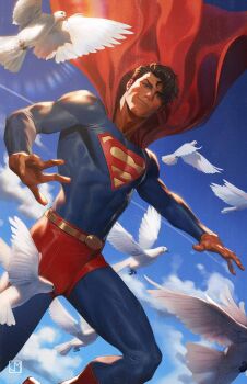 1boy absurdres aged_down bird black_hair blue_eyes blue_sky boots cape character_logo cloud commentary cover cover_page dc_comics dove english_commentary floating_cape flying gloves highres jorge_molina looking_at_viewer male_focus muscular official_art red_boots red_cape red_gloves short_hair sky solo superboy superhero_costume superman superman_(series) superman_logo