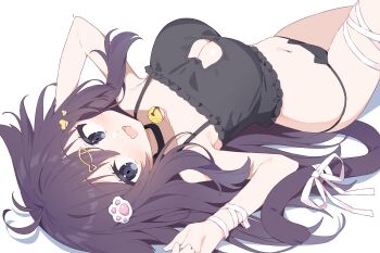 Rule 34 | 1girl, :d, antenna hair, bell, black bra, black panties, blue eyes, blush, bra, breasts, cat cutout, cat ear panties, cat girl, cat lingerie, cat tail, cleavage cutout, clothing cutout, collarbone, commentary request, cowboy shot, double-parted bangs, fang, hair between eyes, highres, large breasts, long hair, looking at viewer, lying, neck bell, on back, open mouth, original, panties, paw hair ornament, purple hair, ribbon, simple background, skin fang, smile, solo, tail, tail ornament, tail ribbon, underwear, underwear only, urotsuki (ku9625), white background, white ribbon