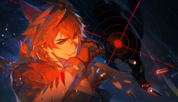 1boy absurdres animal_ears arknights arknights:_endfield arm_up black_gloves black_shirt blood blood_on_face closed_mouth collared_shirt commentary elodeas english_commentary gloves highres looking_at_viewer male_focus parted_bangs scar scar_on_arm shirt solo wolf_boy wolf_ears wulfgard_(arknights)