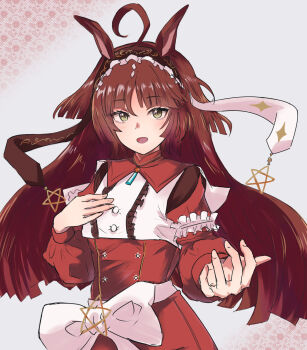 Rule 34 | 1girl, animal ears, blunt bangs, blunt ends, bow, brown headdress, commentary request, dress, frilled hairband, frills, green eyes, hairband, highres, horse ears, horse girl, horse tail, long hair, looking at viewer, multicolored hair, open mouth, red desire (umamusume), red dress, red hair, red hairband, red headdress, revision, smile, solo, star (symbol), star ornament, streaked hair, tail, umamusume, upper body, vandy76, white bow, white streaks