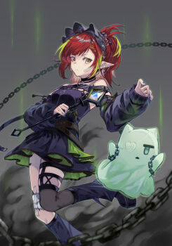 1girl arknights bandaid bandaid_on_face bare_shoulders black_choker black_dress bonnet brown_eyes choker detached_sleeves dress gauze_on_knee green_hair holding holding_rod jewelry long_hair looking_at_viewer material_growth multicolored_hair online_neet oripathy_lesion_(arknights) pointy_ears puppet_dancer_(arknights) red_hair rod solo streaked_hair tecno_(arknights)