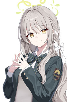 1girl ahoge black_bow black_jacket blue_archive bow braid breasts brown_eyes closed_mouth collared_shirt commentary_request diagonal-striped_bow grey_hair hair_between_eyes hair_bow hair_intakes halo highres jacket long_hair long_sleeves looking_at_viewer medium_breasts miyo_(blue_archive) open_clothes open_jacket school_uniform shirt simple_background sleeves_past_wrists smile sob_(submar1089) solo steepled_fingers striped_bow sweater_vest upper_body very_long_hair white_background white_bow white_shirt