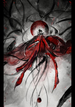 1boy absurdly_long_hair absurdres black_hair bone chinese_clothes chinese_commentary coat covered_mouth dao_gui_yi_xian faux_traditional_media floating full_body full_moon hair_bun hanfu highres holding holding_bone holding_sword holding_weapon ink ink_wash_painting li_huowang long_hair long_sleeves luobimaoqiuqiu male_focus mask monochrome monster monster_boy monsterification moon mouth_veil pillarboxed red_coat red_hair red_hanfu red_moon red_theme robe single_hair_bun solo spine spine_sword spot_color sword sword_on_back tentacles veil very_long_hair weapon weapon_on_back wide_sleeves