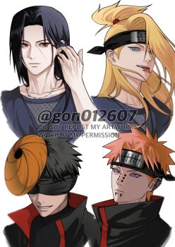 4boys akatsuki_uniform black_hair black_headband black_shirt blindfold blonde_hair blue_eyes deidara_(naruto) earrings face_piercing facial_mark facial_scar fishnet_top fishnets gon012607 hair_over_one_eye hair_tie half_updo hand_in_own_hair headband highres jewelry lip_piercing long_hair looking_at_viewer male_focus mask mask_on_head multiple_boys multiple_earrings naruto_(series) necklace nose_piercing orange_hair pain_(naruto) parted_bangs parted_lips piercing ponytail portrait purple_eyes red_eyes ringed_eyes scar scar_on_cheek scar_on_face shirt short_hair smile swept_bangs tobi_(naruto) tongue tongue_out twitter_username uchiha_itachi uchiha_obito upper_body white_background