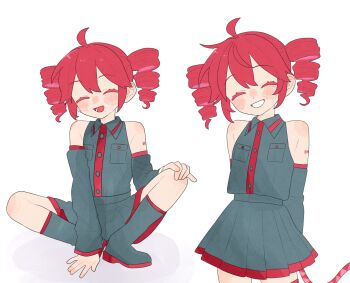 Rule 34 | 1girl, ahoge, arms behind back, bare shoulders, boots, closed eyes, commentary, cowboy shot, detached sleeves, drill hair, facing viewer, full body, grey boots, grey shirt, grey skirt, highres, kasane teto, kasane teto (utau), komori kamome, long sleeves, miniskirt, multiple views, open mouth, pleated skirt, red hair, shirt, simple background, sitting, skirt, sleeveless, sleeveless shirt, smile, standing, twin drills, utau, white background