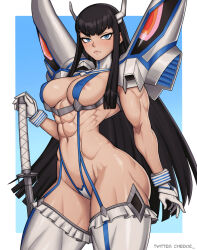 1girl abs areola_slip ass biceps black_hair blue_background blue_eyes border breasts cheekie closed_mouth covered_erect_nipples gloves junketsu katana kill_la_kill kiryuuin_satsuki large_breasts long_hair looking_at_viewer muscular muscular_female navel simple_background solo sword thick_eyebrows thick_thighs thighhighs thighs triceps very_long_hair weapon white_border white_gloves white_thighhighs