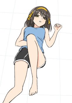 bare_arms black_shorts blue_shirt breasts brown_eyes from_below hair_ribbon hairband highres knee_up looking_at_viewer lying medium_breasts medium_hair on_back ribbon shirt short_shorts shorts sleeveless sleeveless_shirt suzumiya_haruhi suzumiya_haruhi_no_yuuutsu teeth waka_849 yellow_hairband yellow_ribbon