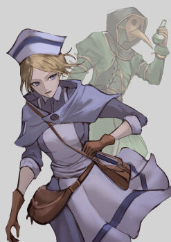 1boy 1girl absurdres bag blonde_hair blue_capelet blue_dress blue_eyes blue_hat brown_bag brown_gloves capelet castti_florenz character_request dress gloves green_hood grey_background hat highres holding holding_vial nurse_cap octopath_traveler octopath_traveler_ii open_mouth plague_doctor_mask shoulder_bag simple_background teaz917 trousseau_(octopath_traveler) vial
