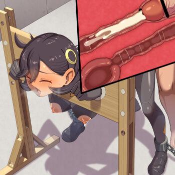 1boy 1girl anal ankle_cuffs anus bar_censor black_hair blush bodysuit bound censored close-up closed_eyes clothed_sex commentary_request cross-section cum cum_in_ass dark-skinned_female dark_skin ejaculation emma_(pokemon) exhibitionism grabbing_another's_ass groping hair_ornament hairclip highres nintendo nipples open_mouth orgasm penis pillory pokemon pokemon_legends:_z-a public_indecency public_use pussy restrained short_hair textless_version torn_clothes watashiki_(watashiki_3)