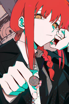 1girl absurdres black_necktie braid braided_ponytail business_suit candy chainsaw_man closed_mouth collared_shirt colored_shadow commentary english_commentary english_text food formal_clothes halftone hand_rest highres holding holding_candy holding_food holding_lollipop lollipop looking_at_viewer makima_(chainsaw_man) necktie offering_food red_hair ringed_eyes sank shadow shirt shirt_tucked_in sidelocks solo suit yellow_eyes