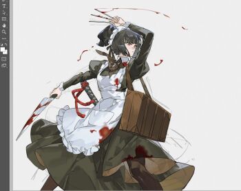 1girl apron black_dress black_hair blood blood_on_clothes brown_bag closed_mouth dress frilled_apron frills high_ponytail holding holding_knife kitchen_knife knife krab_(fumekrab) limbus_company medium_hair ootachi ponytail project_moon red_rope rope ryoshu_(project_moon) simple_background solo throwing_knife weapon white_apron white_background wuthering_heights_(identity)_(project_moon)