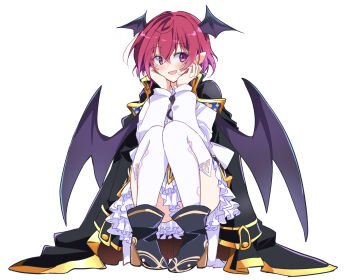 1girl :d black_boots black_coat black_ribbon black_skirt boots coat commentary_request demon_wings full_body hair_between_eyes hands_on_own_chest head_wings high_heels highres ichimura_kanata koakuma koakuma_(compendium_of_advanced_magic) long_sleeves neck_ribbon open_mouth pointy_ears purple_eyes red_eyes ribbon shirt short_hair skirt smile solo squatting thighhighs touhou touhou_lostword white_background white_shirt white_thighhighs wings