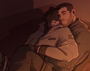 2boys amikoroyai bara beard_stubble black_hair call_of_duty call_of_duty:_modern_warfare_2 couple facial_hair feet_out_of_frame fire_light ghost_(modern_warfare_2) happy headphones heads_together highres hug light_smile male_focus mature_male multiple_boys mustache_stubble shadow short_hair sleeping sleeping_on_person soap_(modern_warfare_2) stubble thick_eyebrows undercut yaoi