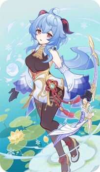 1girl ahoge bad_source bare_shoulders black_gloves blue_hair bodystocking bow_(weapon) chinese_clothes chinese_knot detached_sleeves ganyu_(genshin_impact) genshin_impact gloves goat_horns holding holding_bow_(weapon) holding_weapon horns lily_pad long_hair looking_at_viewer official_art parted_lips purple_eyes shoes snowflakes solo standing tassel weapon white_shoes