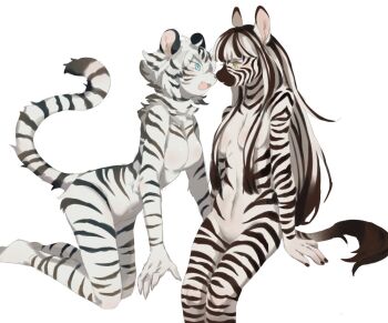 2girls animal_ears animal_nose black_hair black_nails blue_eyes blush breasts claws commentary completely_nude couple english_commentary eye_contact from_side furry furry_female furry_with_furry highres invisible_chair kneeling long_hair looking_at_another medium_breasts multicolored_hair multiple_girls neku_boo no_nipples no_pussy noses_touching nude original profile short_hair simple_background sitting small_breasts snout striped_fur tail tiger tiger_ears tiger_girl tiger_tail two-tone_hair white_background white_fur white_hair white_tiger yellow_eyes yuri zebra_ears zebra_girl zebra_tail