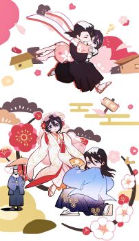 1girl 2boys ? absurdres antatica11 barefoot black_hair black_hakama black_socks bleach blue_eyes chinese_commentary commentary_request facial_hair grey_hair hakama hand_fan hetero highres holding holding_fan holding_umbrella husband_and_wife japanese_clothes kimono kiss kissing_cheek kuchiki_byakuya kuchiki_ginrei kuchiki_hisana multiple_boys mustache oil-paper_umbrella old old_man petals purple_eyes sandals short_kimono sign sleeves_past_fingers sleeves_past_wrists socks translation_request uchikake umbrella unworn_sandals white_socks