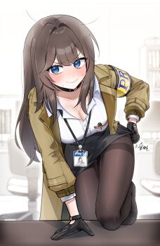 1girl black_choker black_gloves black_pantyhose black_skirt black_survival blue_eyes blush book breast_pocket breasts brown_coat brown_hair chair choker coat commentary detective eternal_return:_black_survival gloves hair_between_eyes hand_on_table highres long_hair looking_at_viewer martina_(black_survival) messy_hair moonb3702 office on_table pantyhose pen pencil_skirt pocket sash shirt skirt smile sweat symbol-only_commentary table white_shirt