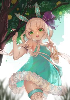 1girl absurdres animal_ears aqua_dress armpits artist_name atelier_(series) atelier_sophie atelier_sophie_2 blurry blurry_foreground breasts commentary detached_sleeves dress english_commentary eyelashes fake_animal_ears grass green_eyes highres long_hair looking_at_viewer open_mouth outdoors plachta rabbit_ears rosemary_ac see-through_clothes see-through_dress small_breasts smile solo standing tree white_hair