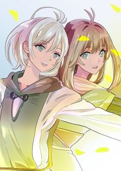 1boy 1girl blue_eyes brown_hair chaos_(xenosaga) commentary eyelashes grey_eyes grey_hair highres long_hair looking_ahead looking_at_viewer mary_magdalene_(xenosaga) mon_7291 open_mouth smile spoilers standing teeth upper_teeth_only xenosaga xenosaga_episode_iii