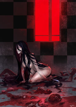 1girl black_hair blood bone crazy_eyes creepy feathers female_focus guro highres horror_(theme) knife legs long_hair nude original red_eyes solo teeth yelansu