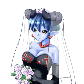 1girl astaroth_(shinrabanshou) bare_shoulders black_dress black_gloves black_sclera blue_hair blue_skin bouquet breasts bridal_veil bride cleavage collarbone colored_sclera colored_skin dark_bride dress earrings elbow_gloves exif_thumbnail_surprise female_focus flower gem gloves holding horns jewelry large_breasts looking_at_viewer necklace pearl_(gemstone) pointy_ears shinrabanshou simple_background smile solo strapless strapless_dress upper_body veil wedding_dress white_background