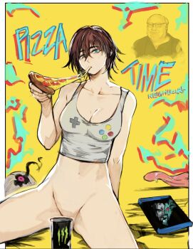 1boy 1girl blu-ray blu-ray_cover bottomless breasts cleavage controller convenient_censoring cover crossover danny_devito dvd_case english_text food frank_reynolds game_controller highres it's_always_sunny_in_philadelphia jared_leto large_breasts marvel monster_energy morbius morbius_(movie) navel original pizza pizza_slice sony's_spider-man_universe spider-man_(series) spread_legs tongue yourfreakyneighbourh