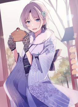 1girl asakura_toru black_bow black_gloves blue_eyes bow commentary_request earrings ema floral_print gloves hair_ornament hal_ogura highres idolmaster idolmaster_shiny_colors japanese_clothes jewelry multicolored_hair open_mouth short_hair