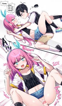 1boy 1girl aubrey_(faraway)_(omori) aubrey_(omori) black_eyes black_hair black_shirt black_socks black_vest blue_eyes breasts clothed_sex clothes_lift crop_top grabbing_own_breast hair_ornament highres jacket navel nipples omori omori_(omori) open_mouth outdoors penis pink_hair possessed possession pussy rape sex shirt shorts skirt skirt_lift small_breasts socks speech_bubble sunny_(omori) swing vaginal vest white_background white_jacket white_shirt white_socks yutsu