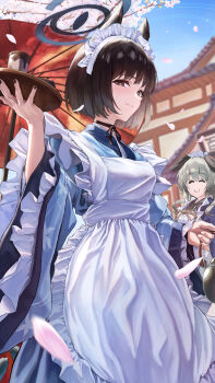 Rule 34 | 2girls, absurdres, animal ears, apron, architecture, black hair, black nails, blue archive, blue kimono, blue sky, bob cut, bocchi (kuropom7), brown eyes, cherry blossoms, closed eyes, day, east asian architecture, green hair, grin, highres, holding, holding teapot, holding tray, japanese clothes, kikyou (blue archive), kimono, looking at viewer, maid, maid headdress, multiple girls, oil-paper umbrella, open mouth, outdoors, short hair, sky, smile, solo focus, teapot, tray, umbrella, wa maid, white apron, wide sleeves