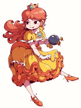1girl bob-omb brown_hair crown dress earrings flower_earrings gloves high_heels highres ioh jewelry long_hair mario_(series) nintendo orange_dress orange_shoes princess_daisy shoes simple_background smile tongue tongue_out white_background white_gloves