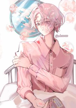 1boy bandaid bandaid_on_face bandaid_on_forehead blood blood_from_forehead blood_on_clothes blood_on_face cherry_blossoms closed_mouth commentary_request gauze gauze_on_cheek gauze_on_face hair_between_eyes hand_on_own_arm highres indoors long_sleeves looking_up male_focus on_bed original pink_eyes pink_hair pink_shirt sahi00000 shirt short_hair sitting solo upper_body window