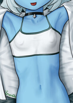 1girl armpits arms_up artist_name black_choker blue_oni blue_skin breasts choker collarbone colored_skin covered_erect_nipples crop_top lewdstraitors loli lying navel on_back oni open_clothes open_shirt ribs shirt short_hair small_breasts solo soukaku_(zenless_zone_zero) tongue tongue_out white_hair white_shirt zenless_zone_zero