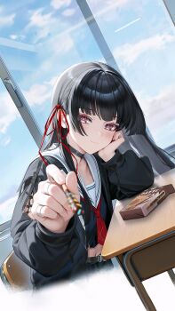 1girl absurdres arm_cutout black_choker black_jacket black_shirt chisa_(wuthering_waves) choker closed_mouth clothing_cutout commentary day desk dutch_angle food fuann hair_ribbon head_rest highres holding holding_food holding_pocky incoming_food indoors jacket long_hair long_sleeves looking_at_viewer looking_to_the_side midriff_peek navel neckerchief pocky red_eyes red_neckerchief red_ribbon ribbon sailor_collar school_desk shirt smile solo symbol-only_commentary tacet_mark_(wuthering_waves) white_sailor_collar window wuthering_waves