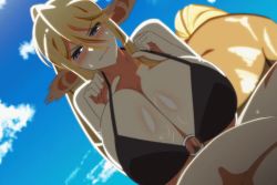 1boy 1girl animal_ears animated bikini bikini_top_only blonde_hair blue_eyes blush breasts censored centaur centorea_shianus day embarrassed hairdressing halterneck hetero horse_ears huge_breasts imaani long_hair monster_girl monster_musume_no_iru_nichijou mosaic_censoring o-ring o-ring_bikini paizuri penis pov sky solo_focus strap_pull sweatdrop swimsuit taur ugoira video wavy_mouth