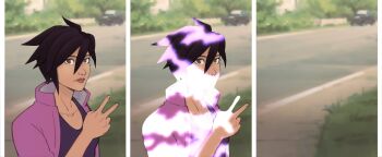 1girl black_hair blurry blurry_background breasts brown_eyes closed_mouth collarbone commentary dispatch face_piercing highres invisible invisigal jacket lips lssdog meme nileseyy_niles_disappears_(meme) nose_piercing nose_ring open_clothes open_jacket outdoors piercing purple_jacket short_hair small_breasts spiked_hair upper_body