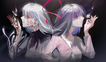 Rule 34 | 2girls, black dress, blood, blood on hands, commentary request, corruption, dark background, dark sakura, dress, dual persona, fate/stay night, fate (series), flower, heaven's feel, highres, long hair, long sleeves, matou sakura, multiple girls, pink shirt, purple eyes, purple hair, red eyes, shirt, ubwmitekure, white hair, white shirt