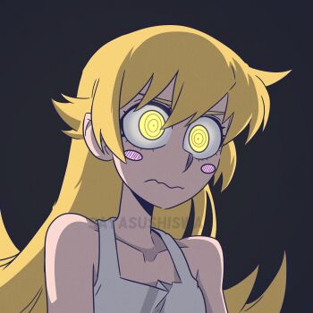 1girl artist_name bakemonogatari black_background blonde_hair blush_stickers closed_mouth collarbone commentary english_commentary hair_between_eyes highres long_hair monogatari_(series) oshino_shinobu ringed_eyes sayasushiswag simple_background solo twitter_username wavy_mouth yellow_eyes