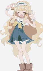 Rule 34 | 1girl, absurdres, armpits, blonde hair, blue dress, blue hairband, blunt bangs, blush, boots, bpqd, brown footwear, closed eyes, commentary request, dress, facing viewer, fang, food, frilled hairband, frilled wristband, frills, gen&#039;ei wo kakeru taiyou, grey background, hairband, hands up, highres, holding, holding food, long hair, neckerchief, open mouth, sailor dress, shirokane ginka, short dress, sidelocks, simple background, sleeveless, sleeveless dress, smile, solo, standing, takoyaki, very long hair, wavy hair, yellow neckerchief