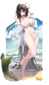 Rule 34 | 1girl, absurdly long hair, absurdres, ahoge, azur lane, bare shoulders, beach, bikini, black hair, breasts, cleavage, commentary request, eyewear on head, hair between eyes, highres, huge ahoge, huge breasts, kylezhang42, long hair, long sleeves, looking at viewer, navel, official alternate costume, open clothes, open shirt, red eyes, shirt, side-tie bikini bottom, solo, standing, standing on one leg, starfish, strap pull, sunglasses, swimsuit, taihou (azur lane), taihou (seaside daydreams) (azur lane), variant set, very long hair, water, wet bikini, white bikini, white shirt