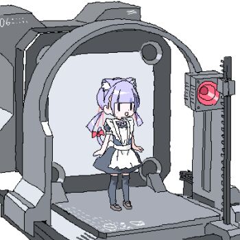 1girl animal_ear_fluff animal_ears black_thighhighs blunt_bangs cat_ears cat_tail fukouna_shoujo_03 isometric lokulo-chan_(lokulo_no_mawashimono) lokulo_no_mawashimono long_hair low_twintails lowres machine maid original purple_hair simple_background tail thighhighs twintails white_background