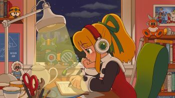 1girl android animal armor beard beat_(mega_man) blonde_hair blue_eyes blue_gloves blue_helmet blueprint_(object) blush bodysuit book bookshelf boots bow brown_pants brown_shoes clenched_teeth commentary cup cut_man desk desk_lamp dr._light_(mega_man) dr._wily_(mega_man) dress english_commentary everyone facial_hair full_body gloves green_bow green_eyes green_ribbon hair_bow hair_ribbon head_rest headset helmet high_ponytail ice_man lab_coat lamp lofi_girl_(youtube) long_beard long_hair long_sleeves mega_man_(character) mega_man_(classic) mega_man_(series) mega_man_v met_(mega_man) night night_sky non-humanoid_robot old old_man pants parka ponytail proto_man red_dress red_gloves red_helmet ribbon robot robot_animal robot_bird robot_dog robot_girl roll_(mega_man) rush_(mega_man) salute scissors shoes sky smile solo sprinqgueen studying stuffed_toy tango_(mega_man) teacup teapot teeth writing