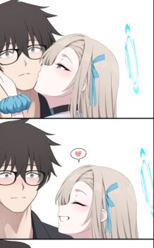 1boy 1girl asuna_(blue_archive) asuna_(school_uniform)_(blue_archive) blonde_hair blue_archive blue_eyes blue_halo blush brown_eyes brown_hair choker closed_eyes glasses grin hair_between_eyes hair_over_one_eye hair_ribbon halo junu_(jwoo5627) kiss long_hair ribbon scrunchie sensei_(blue_archive) short_hair smile wrist_scrunchie