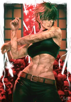1girl absurdres belt black_hair black_pants brown_belt commentary_request glasses highres jujutsu_kaisen naofaro navel pants scar scar_across_eye scar_on_arm scar_on_face scar_on_stomach short_hair stomach tank_top yellow_eyes zen'in_maki
