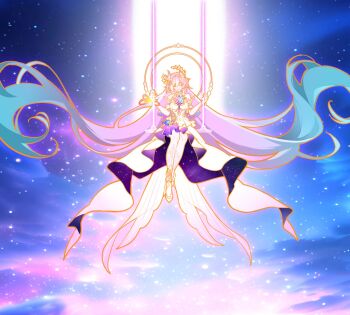 1girl absurdly_long_hair alternate_hair_length alternate_hairstyle aqua_hair closed_eyes closed_mouth commentary cyrene_(demiurge)_(honkai:_star_rail) cyrene_(honkai:_star_rail) dress english_commentary facing_viewer feng_zhu_shang_beo_hen floating_hair full_body gradient_hair hair_ornament halo halo_behind_head highres honkai:_star_rail honkai_(series) long_hair multicolored_hair on_swing pink_hair shoes sitting solo star_(sky) starry_sky_background swing very_long_hair white_dress