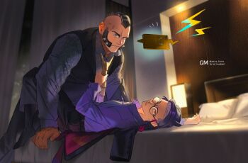 2boys black-framed_eyewear black_eyes black_hair black_jacket black_pants black_shirt black_socks black_vest closed_mouth clothes_grab collared_shirt corbeau_(pokemon) curtains gen_4_pokemon glasses highres indoors jacket lightning_bolt_symbol looking_at_another lying male_focus mohawk multiple_boys necktie necktie_grab neckwear_grab night night_sky nintendo on_bed pants philippe_(pokemon) pillow pokemon pokemon_legends:_z-a purple_hair purple_shirt rotom rotom_phone round_eyewear shirt short_hair sideburns sky socks spread_legs suit_jacket sweatdrop undercut vest watermark white_necktie yaoi yellow_eyes yellow_necktie yotsuban