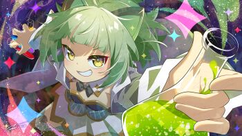 Rule 34 | absurdres, animal ears, armor, beaker, bow, bowtie, breastplate, cat ears, commentary request, detached collar, green hair, highres, holding, holding beaker, holding test tube, lab coat, liquid, magia record: mahou shoujo madoka magica gaiden, magical girl, mahou shoujo madoka magica, mahou shoujo madoka magica magia exedra, megitti, miyako hinano, signature, smile, teeth, test tube, yellow eyes