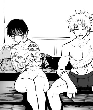 1boy 1girl absurdres bath black_hair closed_eyes closing couple covering_breasts covering_privates dingotoad gojou_satoru highres hot_tub jujutsu_kaisen legs_together monochrome muscular muscular_male okkotsu_yuuta onsen pixie_cut scar scar_on_face scar_on_forehead short_hair sitting stitched_arm stitched_torso stitches tomboy touching_head uncomfortable_silence white_hair zen&#039;in_maki