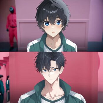 1boy black_hair blue_eyes closed_mouth collarbone green_track_suit highres jacket jw_gourmet meme open_mouth shirt short_hair solo_leveling squid_game sung_jin-woo track_jacket track_suit white_shirt year_1_&amp;_year_2_(squid_game)_(meme)