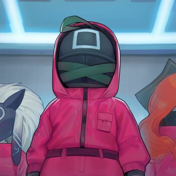 1boy 2girls amumu animal_ears belt black_belt black_gloves character_request circle cosplay cowboy_shot furry furry_female gloves hood hood_up indoors jacket kindred_(league_of_legends) lamb_(league_of_legends) league_of_legends long_hair long_sleeves manager_(squid_game) manager_(squid_game)_(cosplay) mask multiple_girls orange_hair pants pink_jacket pink_pants soldier_(squid_game) soldier_(squid_game)_(cosplay) sparrowl square squid_game standing wolf_ears